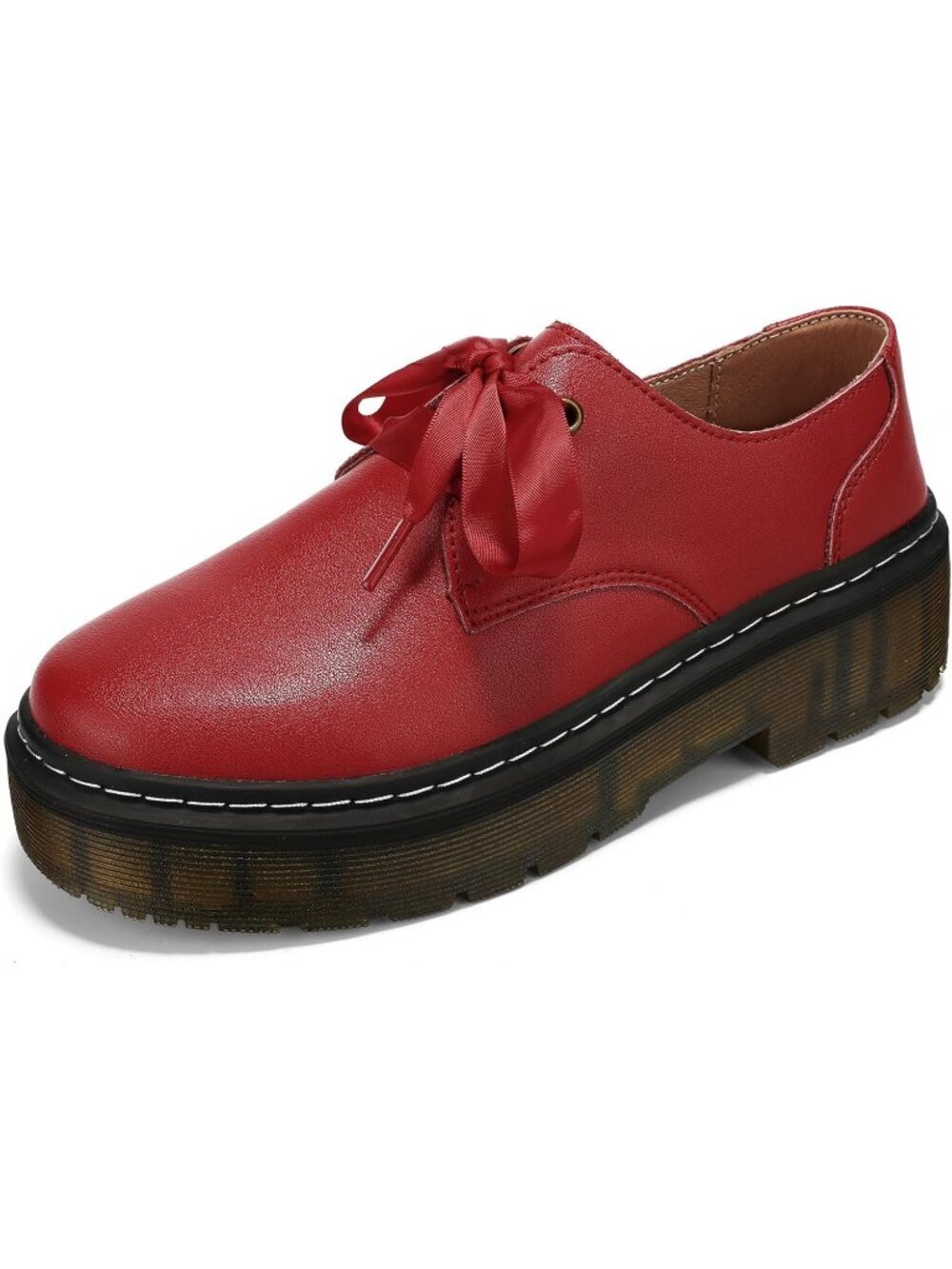 Women’s Dark Red Lace-Up Platform Chunky Loafers Office Dress Shoes - Picture 3 of 6